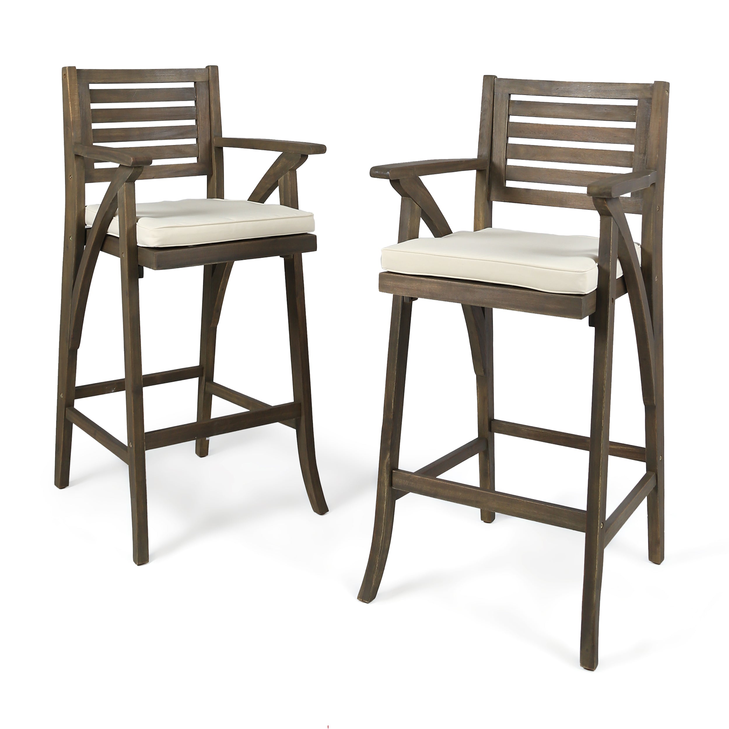 Joye Outdoor Acacia Wood Barstool (Set of 2), Grey with Cream Cushion