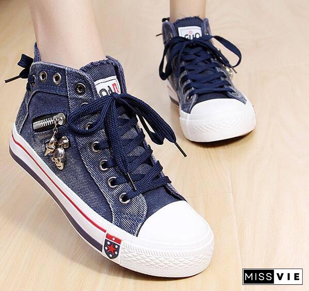 Women Fashion Sneakers Denim Canvas Shoes Spring/Autumn Casual Shoes Trainers Walking Skateboard Lace-up Shoes Femmes