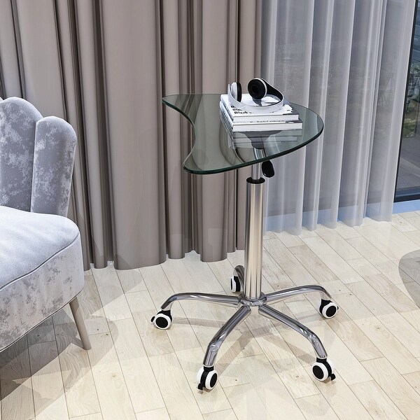 Adjustable Height Tempered Glass Side Table with Lockable Wheels