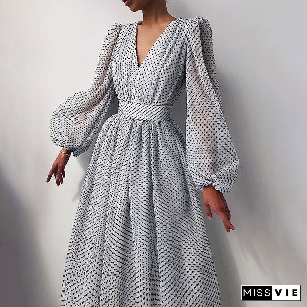 Vintage Dot Printing Women Spring Chiffon Dress Summer Fashion Casual Dress Boho Beach Women A-line Vestidos