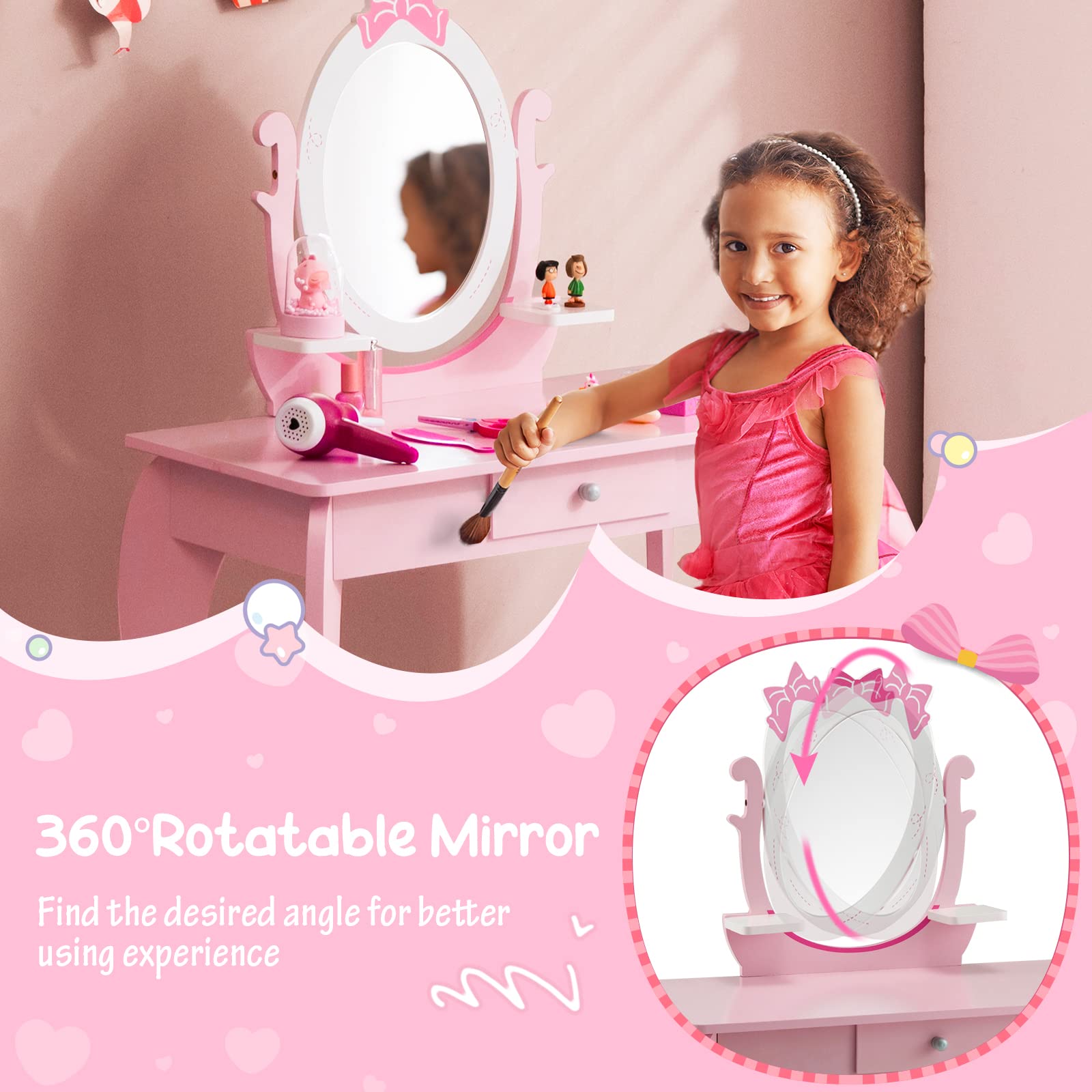 Costzon Kids Vanity Set with Mirror, 2 in 1 Princess Makeup Dressing Table