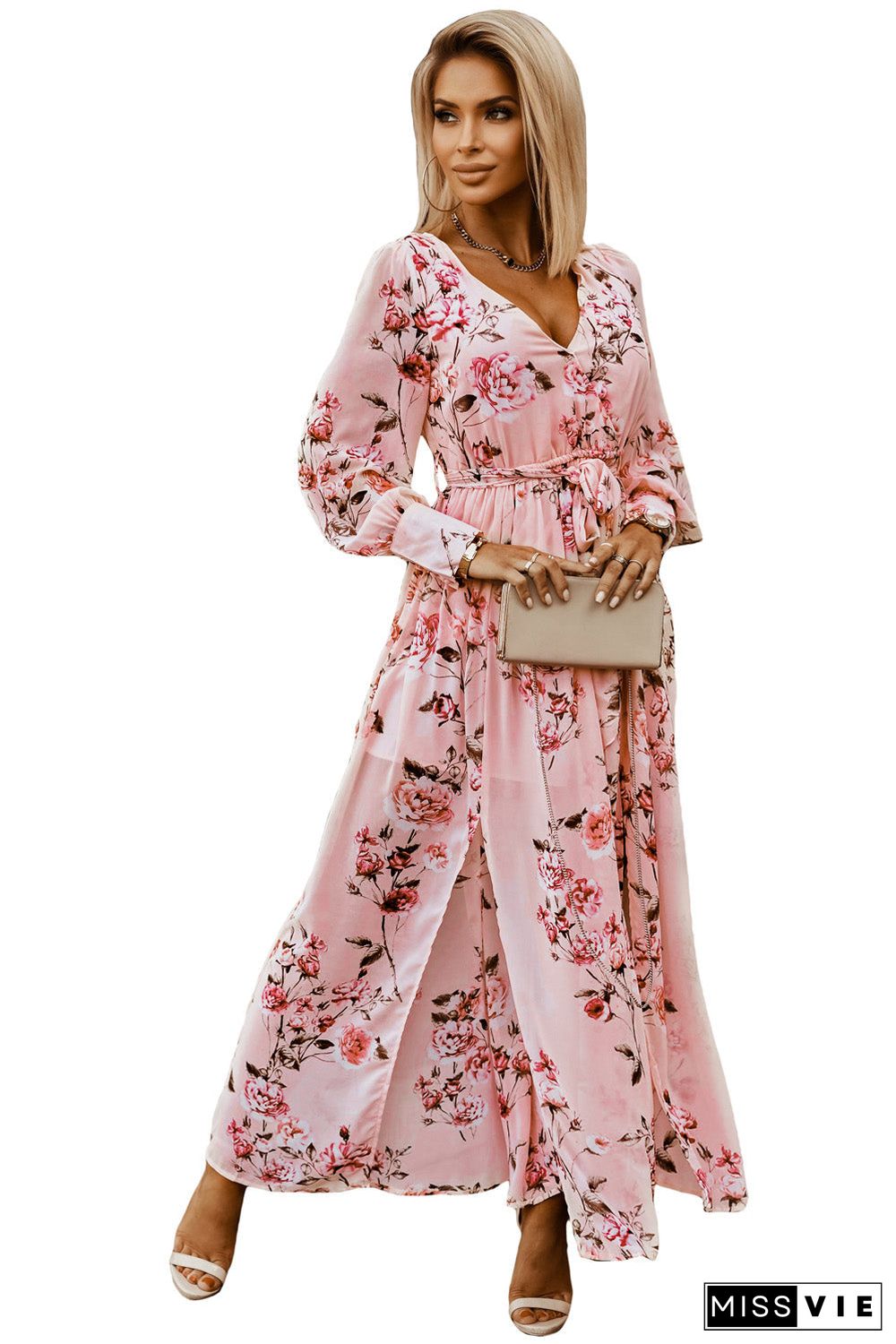 Pink Floral Long Sleeve Side Split High Waist Bohemia Maxi Dress