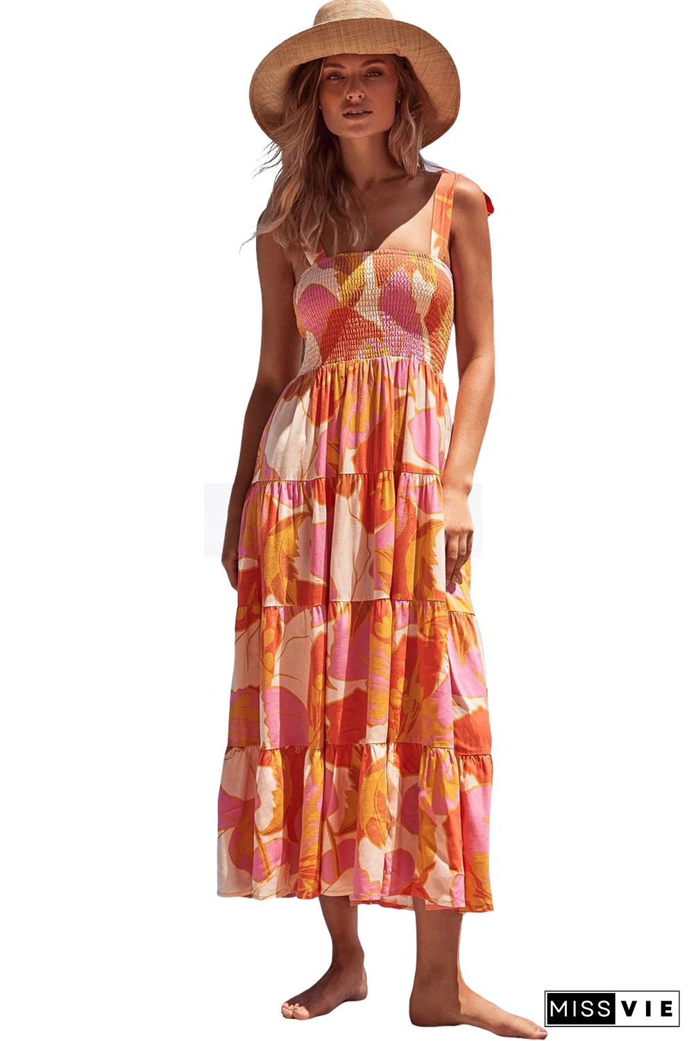 Orange Boho Print Tie Straps Smocked Maxi Dress