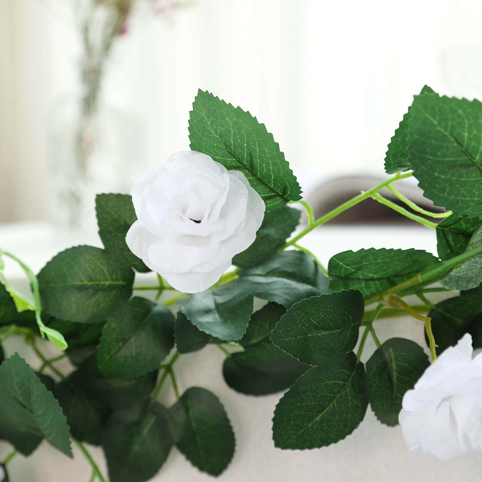 20 White Artificial Silk Roses Flower Garland, Hanging Vine 6ft