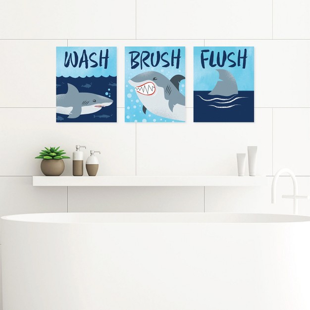 Big Dot Of Happiness Shark Zone Unframed Wash Brush Flush Jawsome Shark Bathroom Wall Art 8 X 10 Inches Set Of 3 Prints