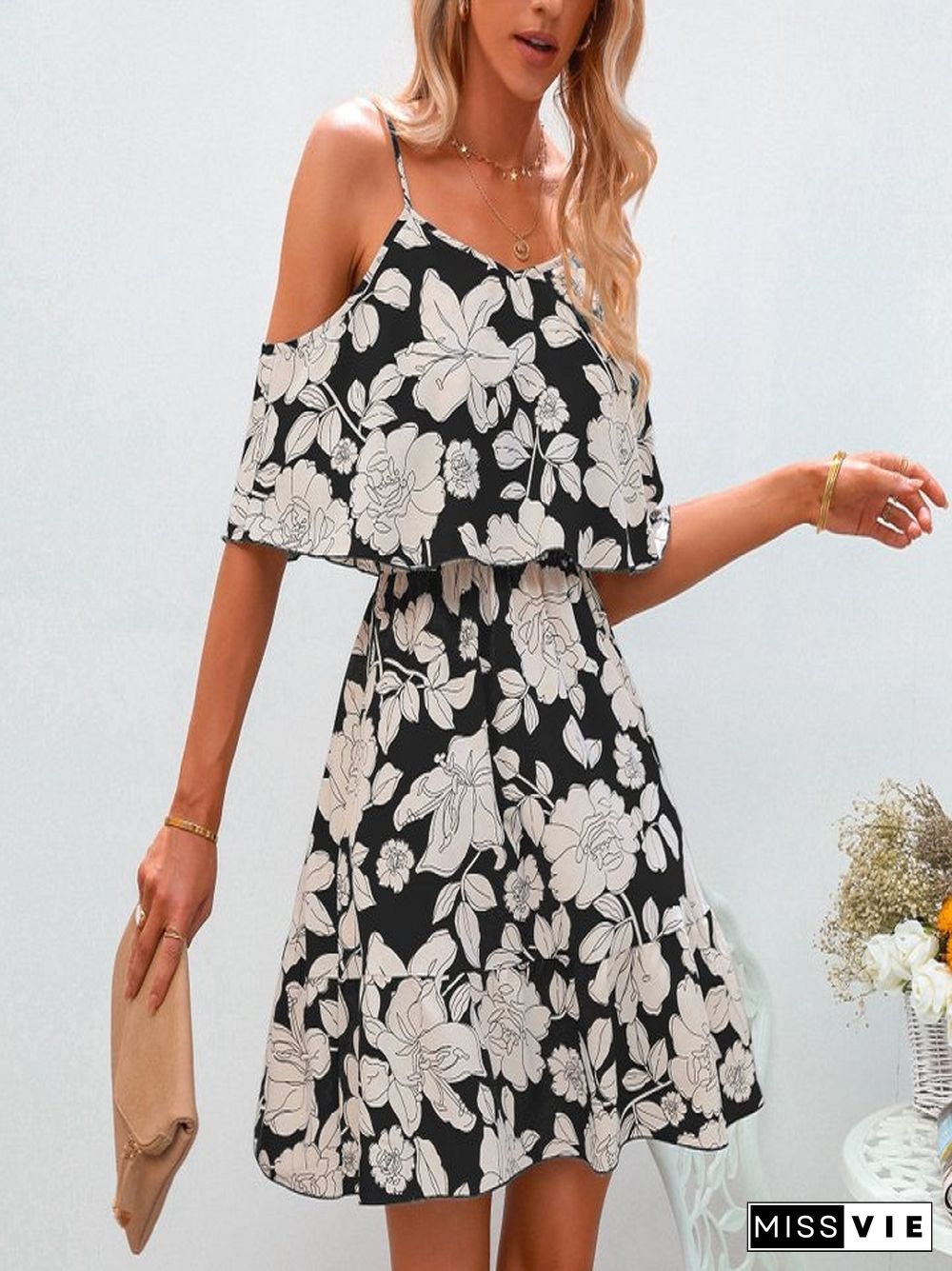 Slit Chiffon Floral Short Dress