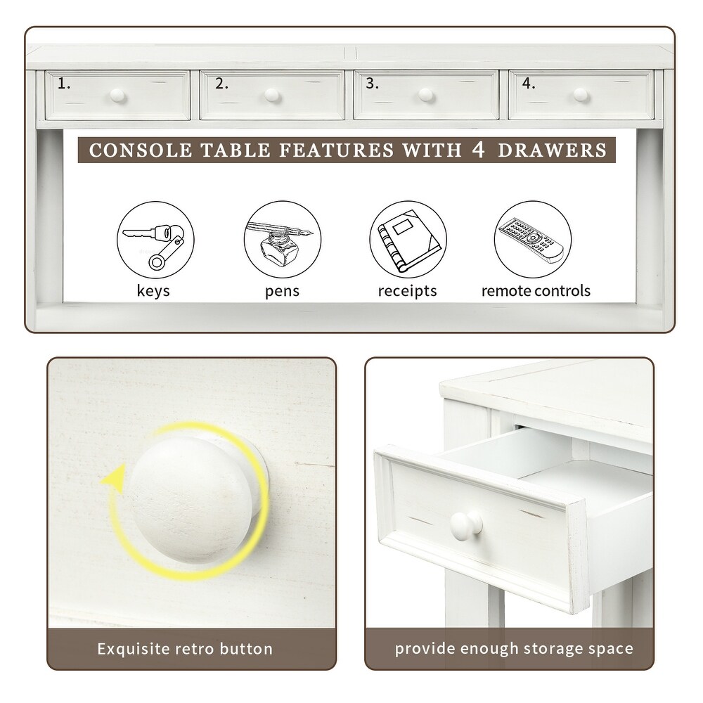 Rectangular Classic Accent Console Table for Entryway Hallway Sofa Table with 4 Storage Drawers and 1 Bottom Shelf
