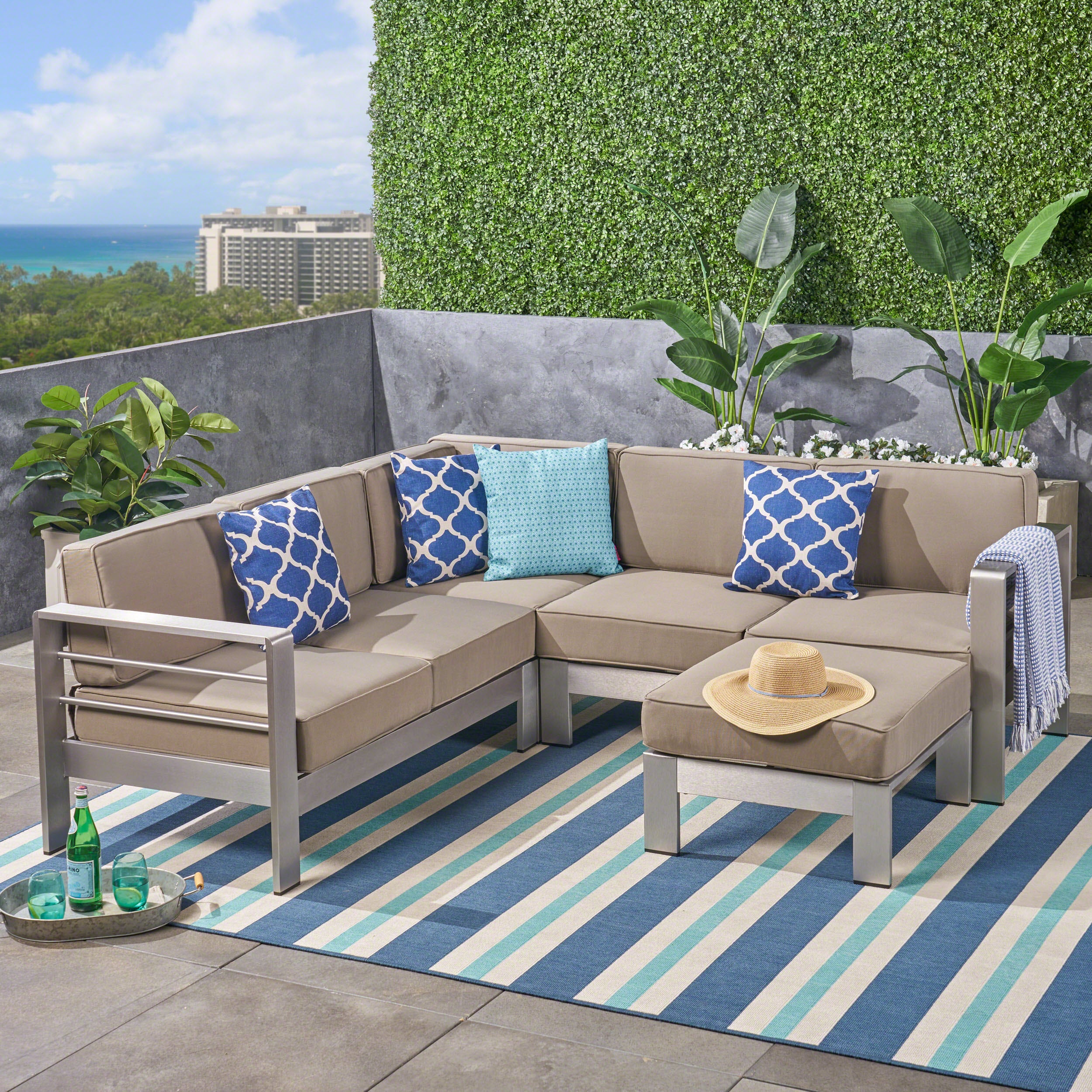 Emily Coral Outdoor Aluminum 5-Seater V-Shape Sectional Sofa Set with Ottoman, Silver and Khaki