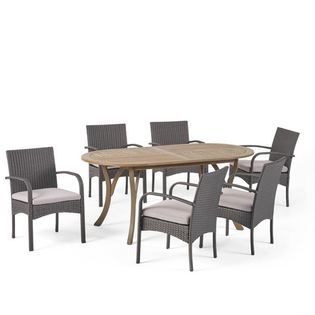 Mason 7pc Acacia Wood amp Polyethylene Wicker Dining Set Gray Christopher Knight Home Water resistant Patio Furniture