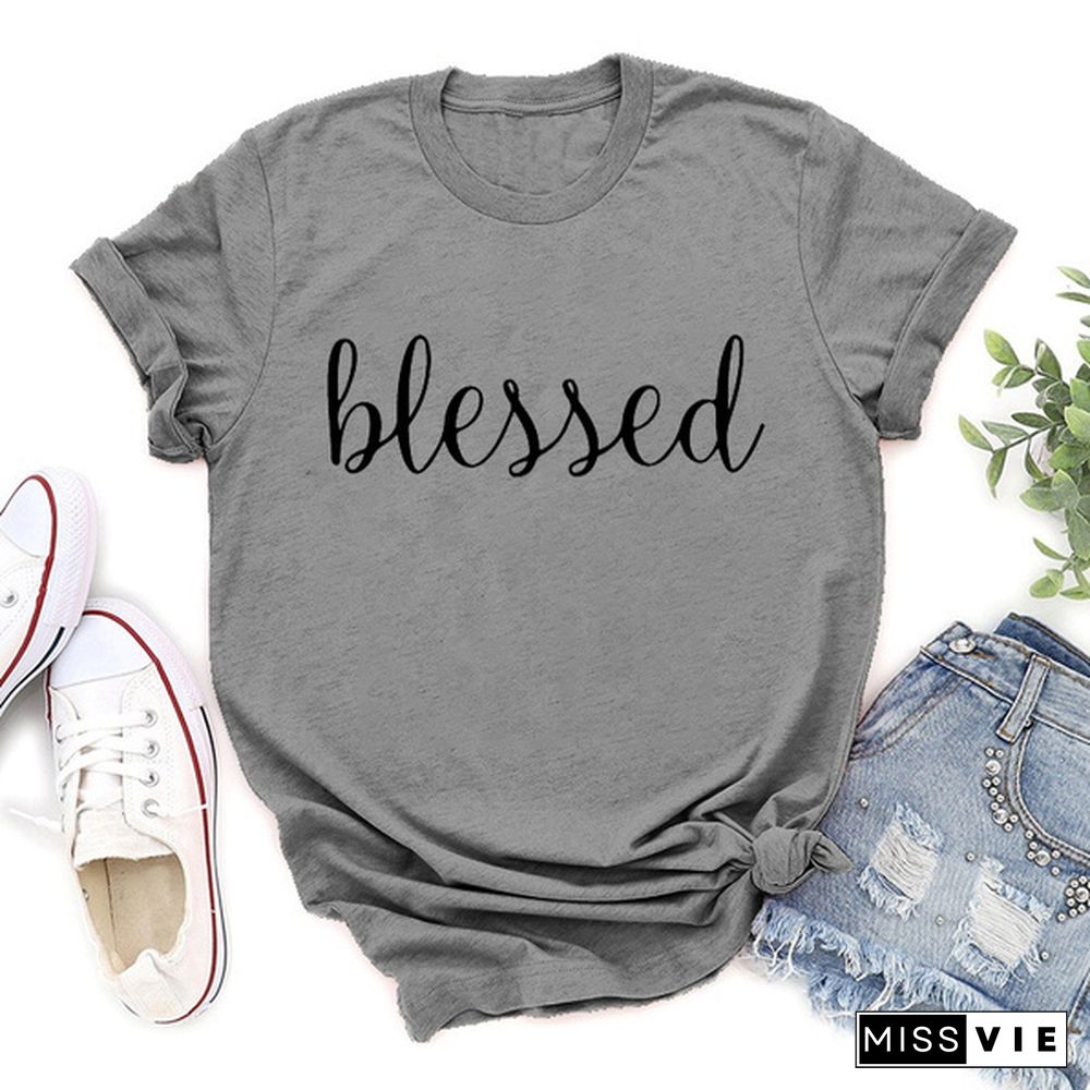 Women's Fashion Printed Blessed Print T-shirts Summer Casual Loose Round Neck Creative Personalized T-shirts