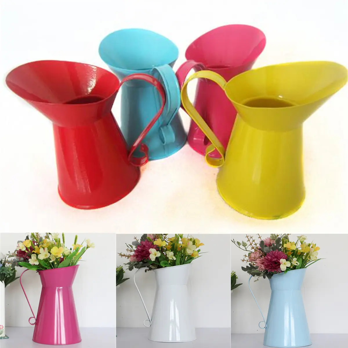 Hot sale cheap powder coated colorful floral watering jug with handle metal flower jug