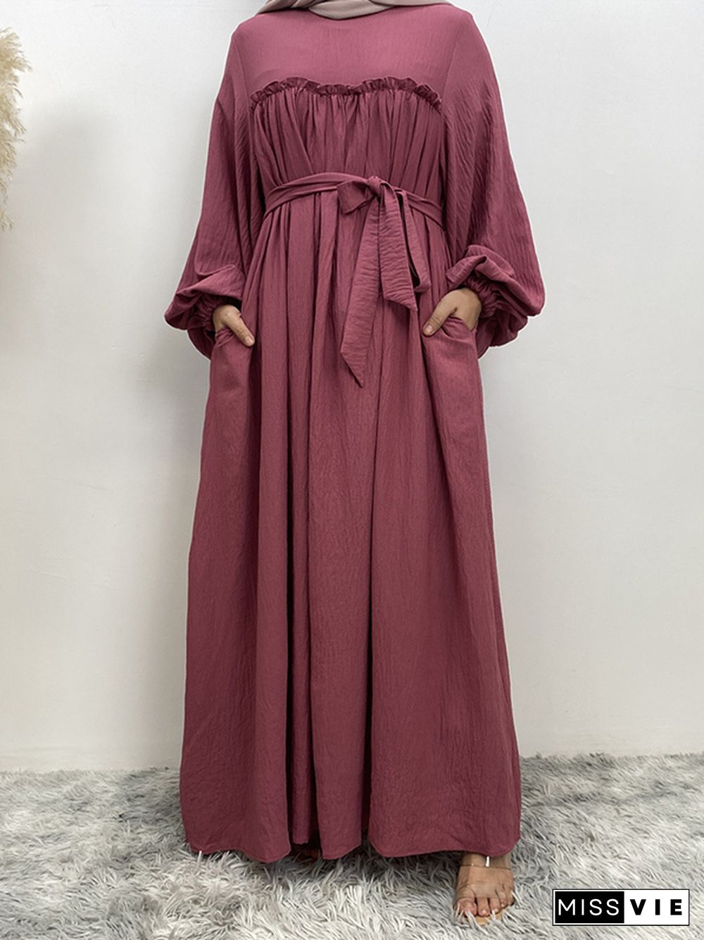 Bishop Sleeve Long Sleeves Elasticity Muslim Pleated Solid Color Split-Joint Tied Waist Round-Neck Maxi Dresses