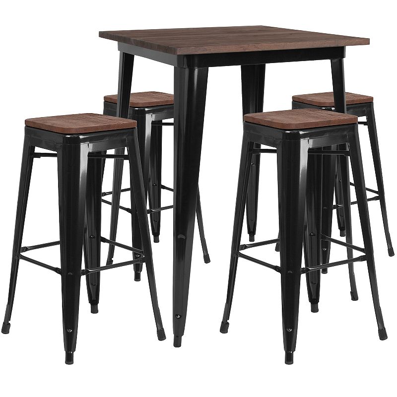 Flash Furniture 31.5 Square Metal Bar Table with Wood Top and Backless Stools 5-Piece Set