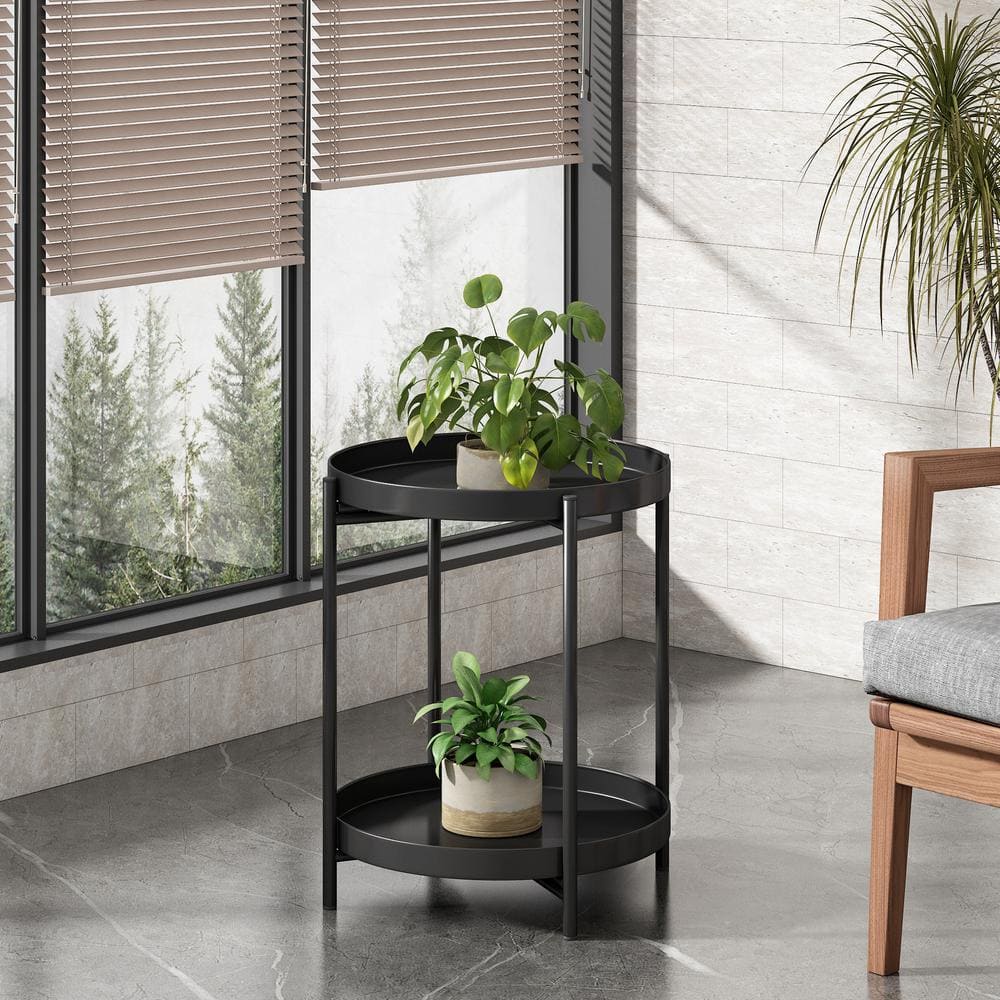 JAXPETY 19.5 in. Black Metal Plant Stand Indoor/Outdoor (2-Tier) HG61B0996