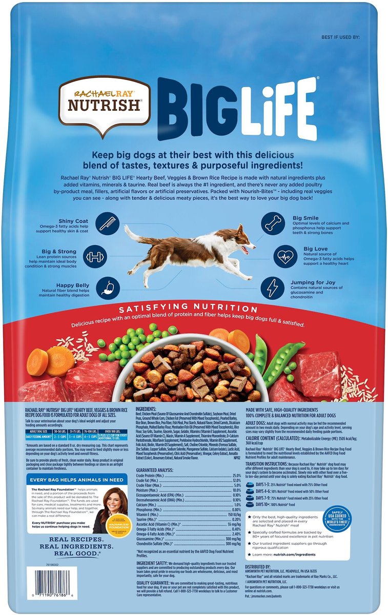 Rachael Ray Nutrish Big Life Large Breed Hearty Beef， Veggies and Brown Rice Recipe Dry Dog Food