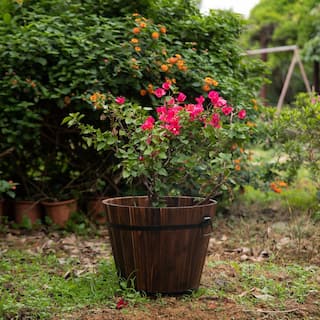 Gardenised Rustic Wooden Whiskey Barrel Planter with Durable Medal Handles and Drainage Hole - Large QI003236.L