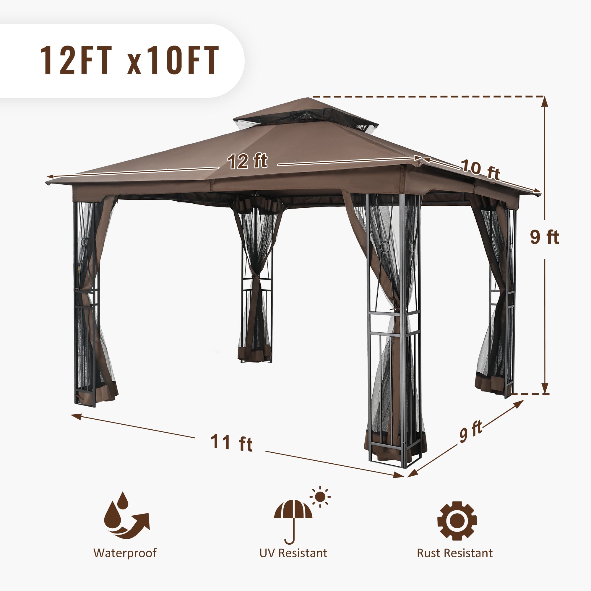 EGEIROS LIFE 12 Ft. X 10 Ft. Double Roof Patio Gazebo With Mosquito Net (Brown)