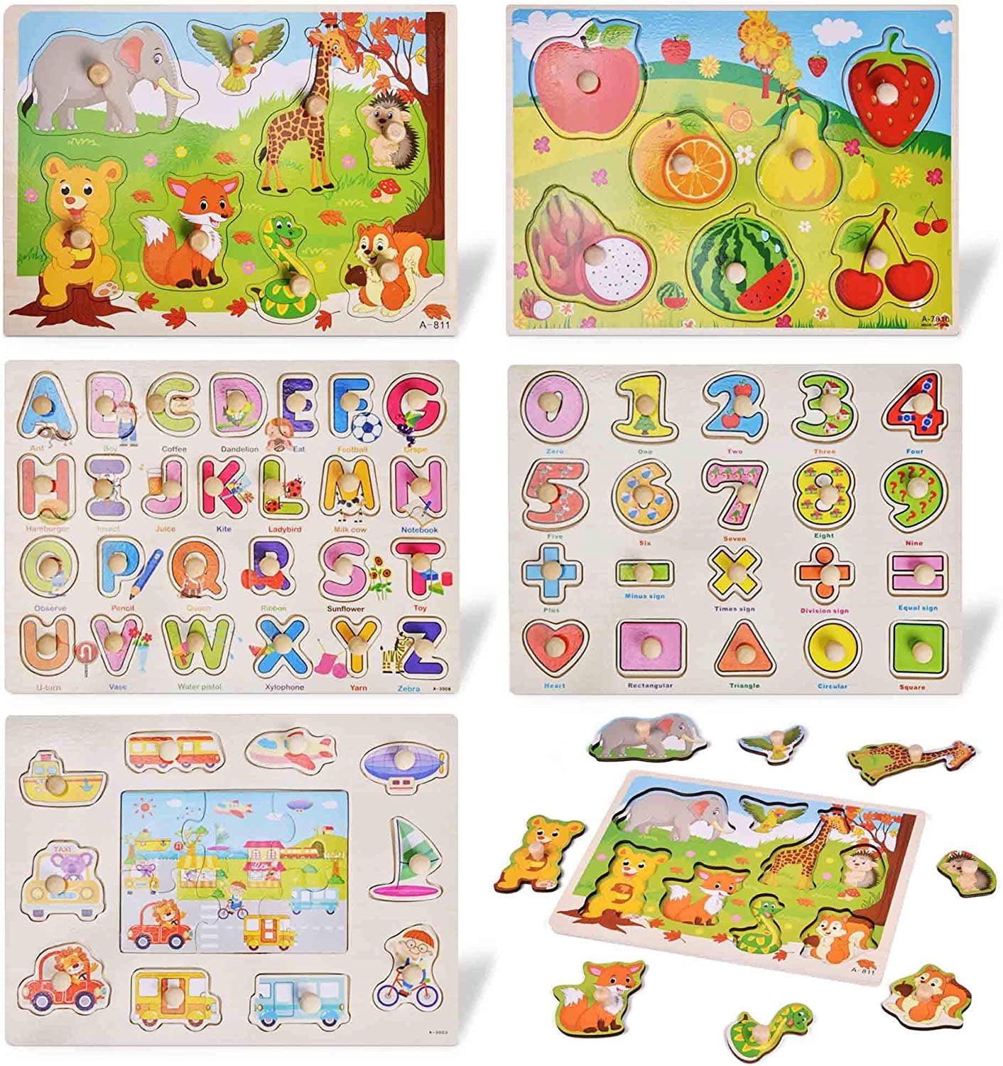 Fun Little Toys Wooden Peg Puzzles for Toddlers 2 3 Years Old，WOOD CITY Alphabet and Number Puzzles for Kids，5 Pcs Toddler Puzzles Set-Letters，Animals and Vehicles， Learning Toys Gift for Girls and Boys