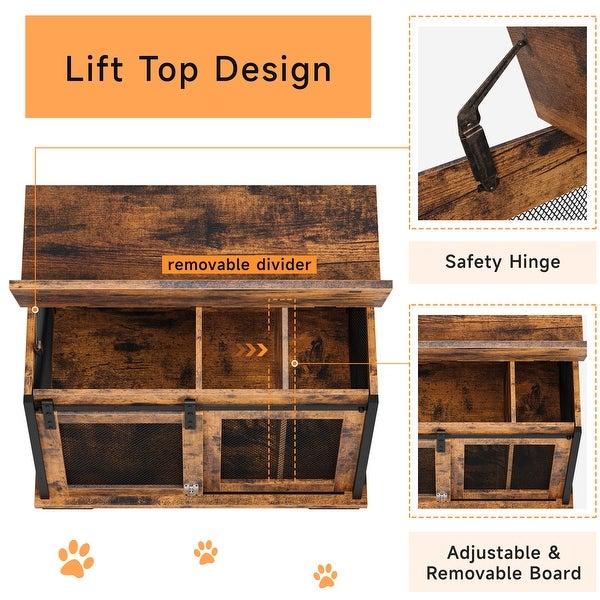 37'' Sliding Barn Door Dog Crate Furniture with Flip Top and Movable Divider， Wooden Dog Crate Table