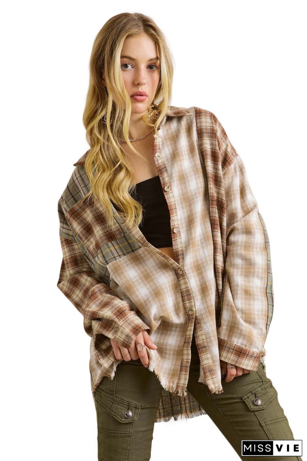 Brown Multi Plaid Patchwork Raw Edge Casual Shirt