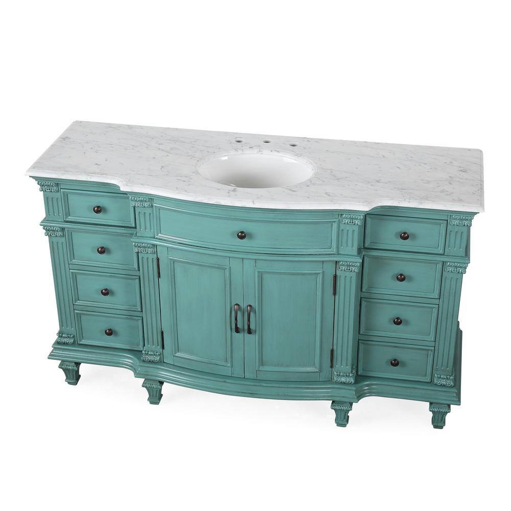 Silkroad Exclusive 60 in. W x 22 in. D x 36 in. H Freestanding Bath Vanity in Retro Green with Carrara White Marble Top V0277NW60C