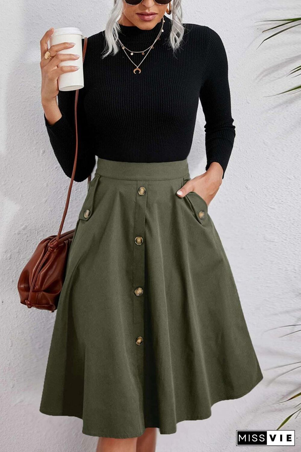 Army Green Button Down Pocket Flowy Skirt