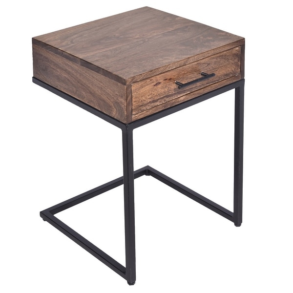 Mango Wood Side Table with Drawer and Cantilever Iron Base