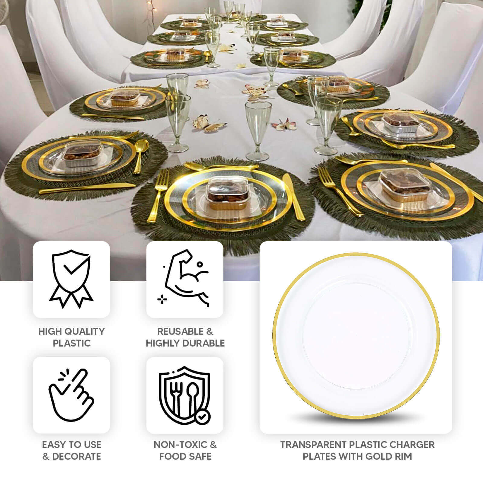 10 Pack Clear Economy Plastic Charger Plates With Gold Rim, Round Dinner Chargers Event Tabletop Decor - 12