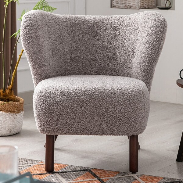 Modern Accent Chair with Lambskin Sherpa Wingback Tufted Side， Solid Wood Legs