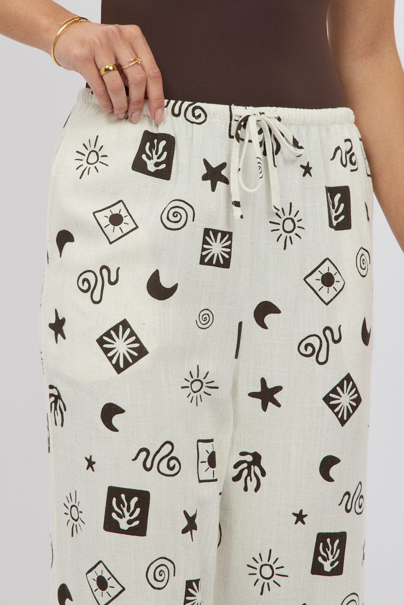 Beige Abstract Wide Leg Pants High Rise
