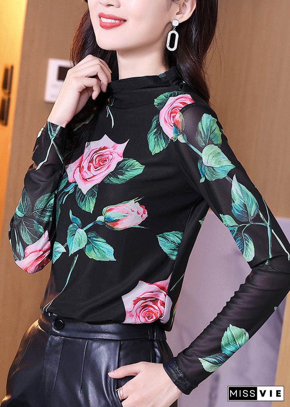 Handmade Black Stand Collar Print Tulle Top Bottoming Shirt