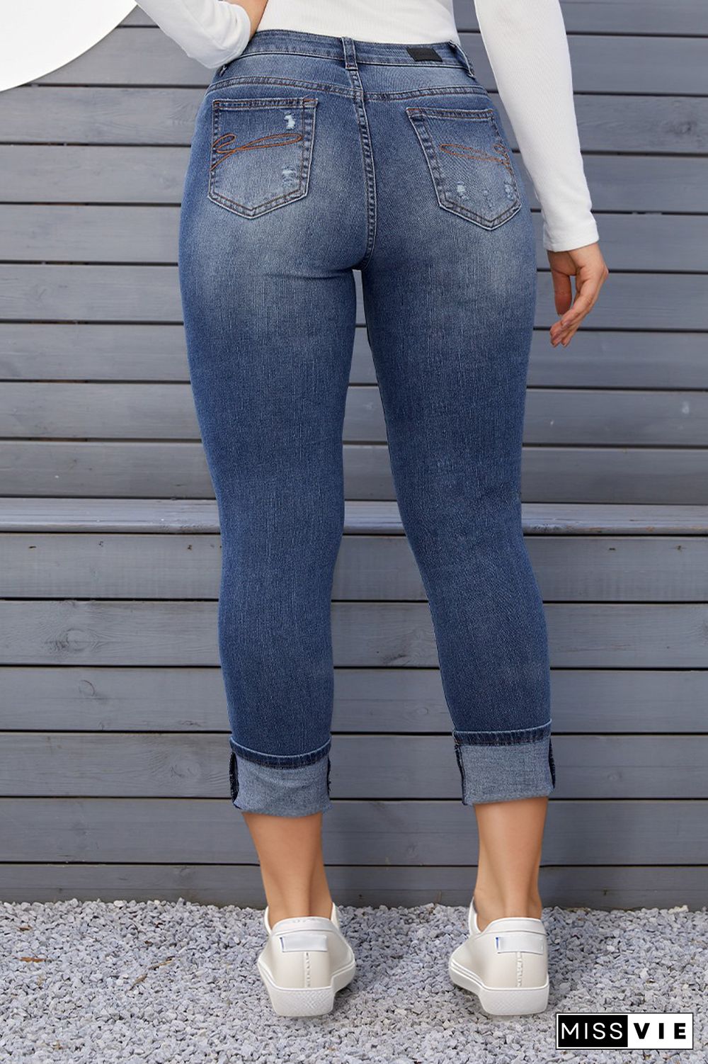 Vintage Ripped Embroidery Pocket Low Waist Capris Jeans