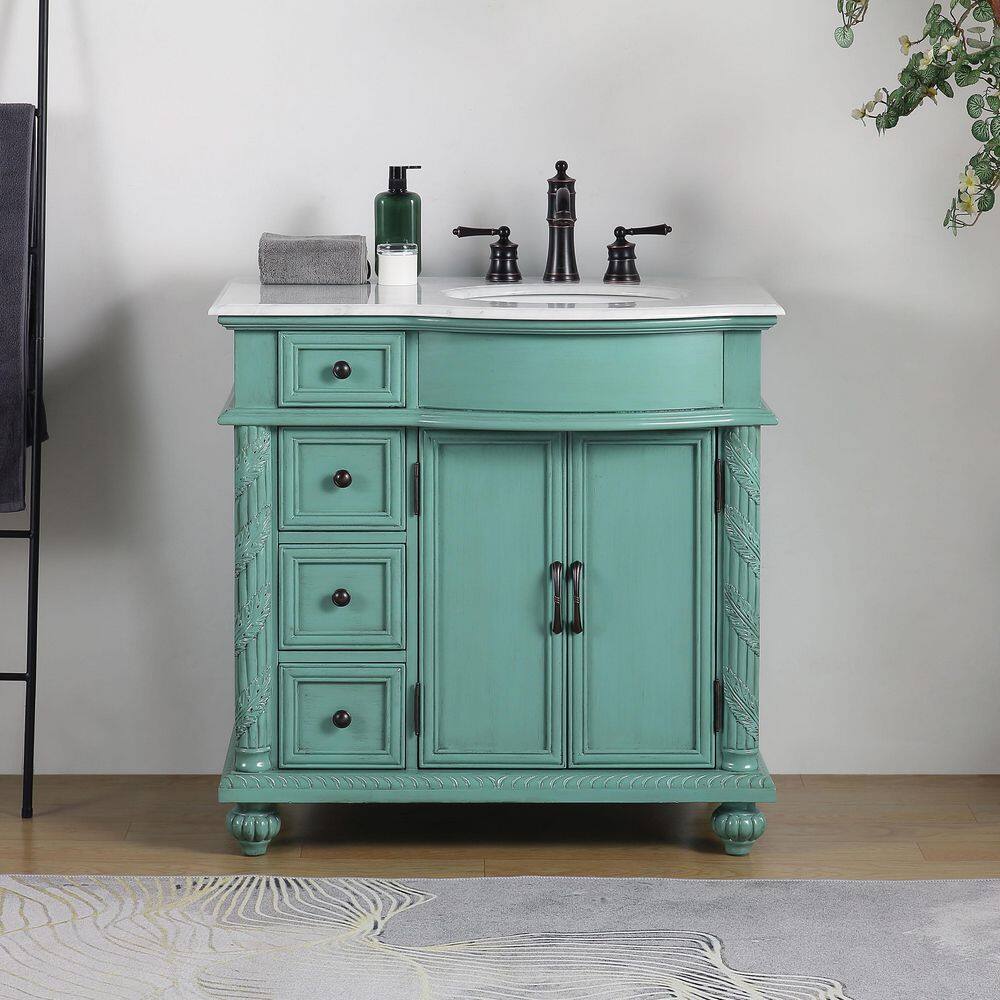 Silkroad Exclusive 36 in. W x 22 in. D x 36 in. H Freestanding Bath Vanity in Vintage Green with Carrara White Marble Top V0213NW36R