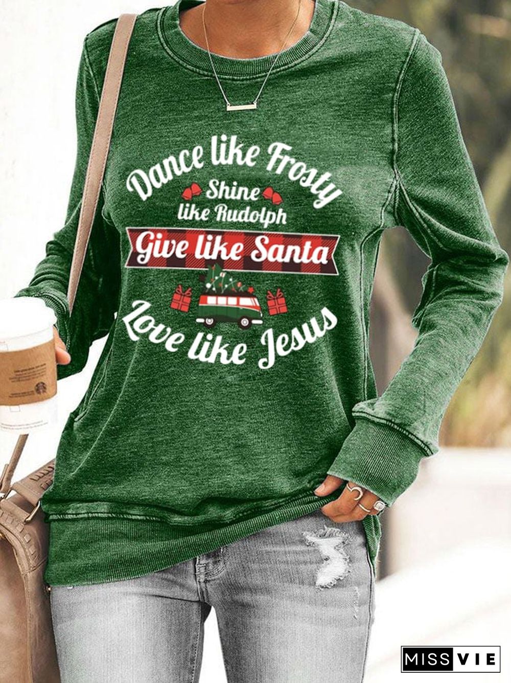 Women's Dance Like Frosty, Shine Like Rudolph, Give Like Santa Love Like Jesus Print Casual Sweatshirt