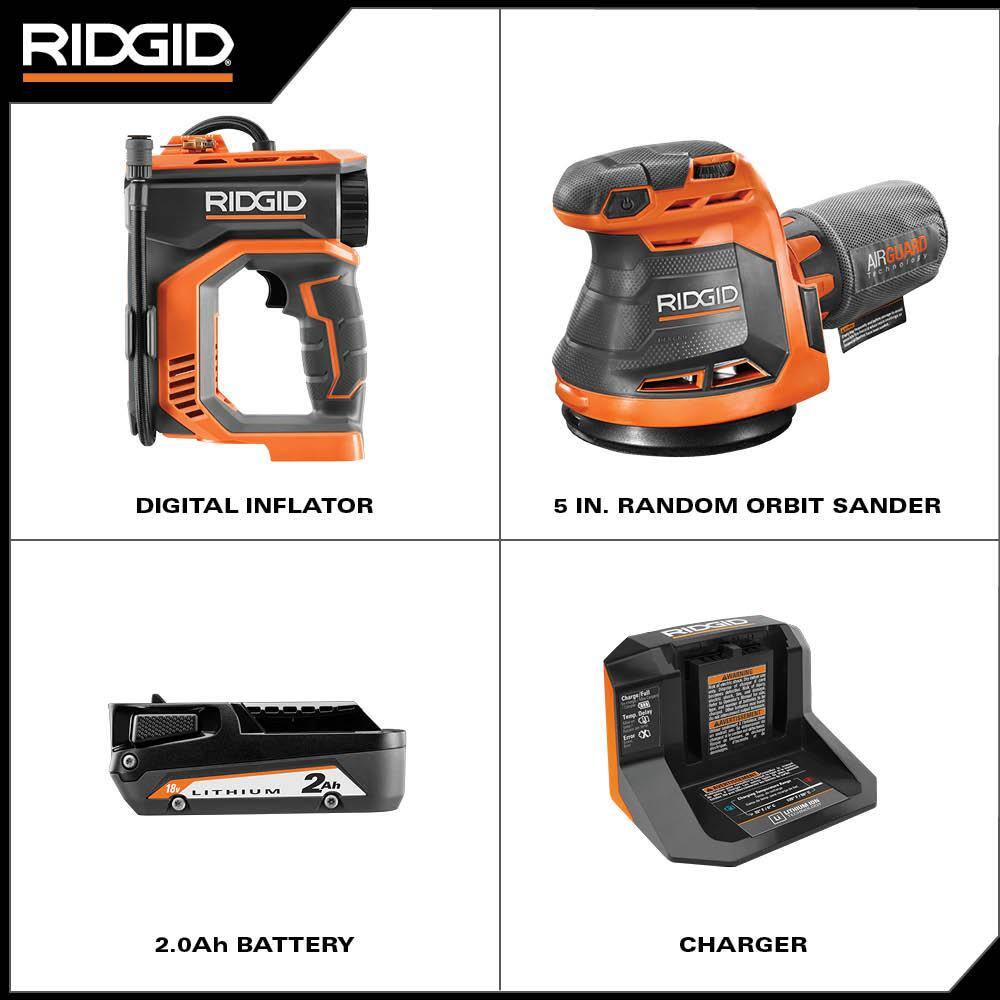 RIDGID 18V Cordless High Pressure Inflator Kit with 2.0 Ah Battery Charger and 5 in. Random Orbit Sander R87044KN-R8606B