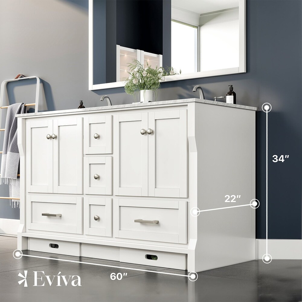 Eviva Booster 60 in. Double Sink Vanity in White with White Carrara Marble Countertop