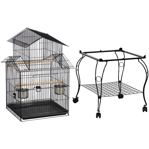 generic Triple Roof Rolling Bird Cage with Stand Perch， Large， Metal， Black