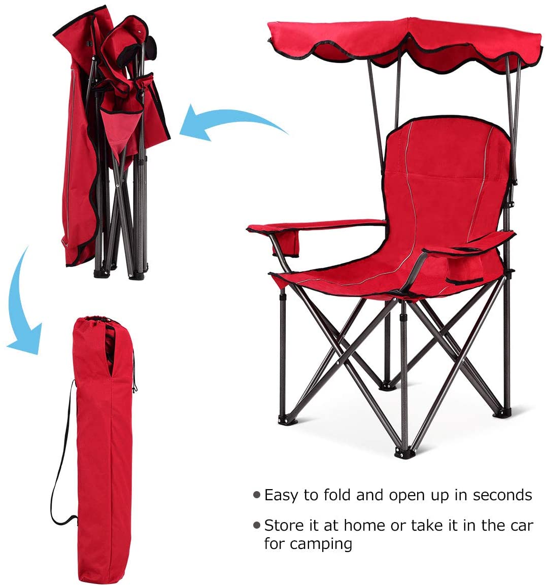 Beach Chair with Canopy Shade, Folding Lawn Chair with Umbrella Cup Holder & Carry Bag, Portable Sunshade Chair for Adults for Outdoor Travel Hiking Fishing, Red