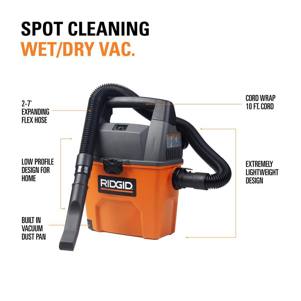 RIDGID 3 Gallon 3.5 Peak HP Portable WetDry Shop Vacuum with Built in Dust Pan Filter Expandable Locking Hose and Car Nozzle WD3050