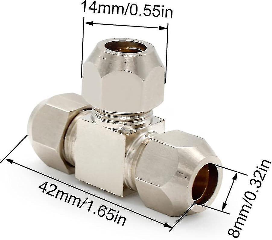 2 Pieces 8mm Compression Ferrule Tube， Equal Diameter Tee， Silver Color Ferrule Tube Fitting， Copper