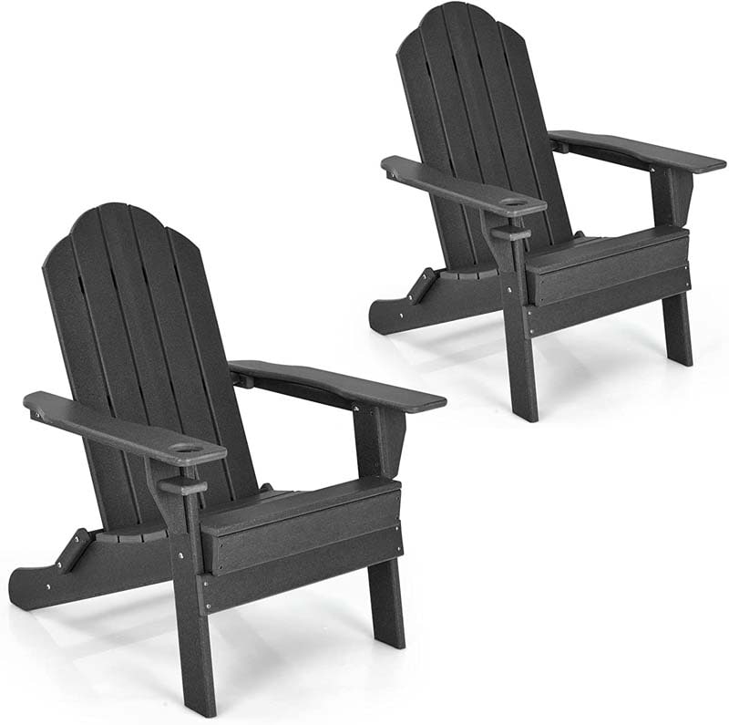 2-Pack Folding Adirondack Chairs with Built-in Cup Holder, PE Weather Resistant Outdoor Patio Folding Chairs