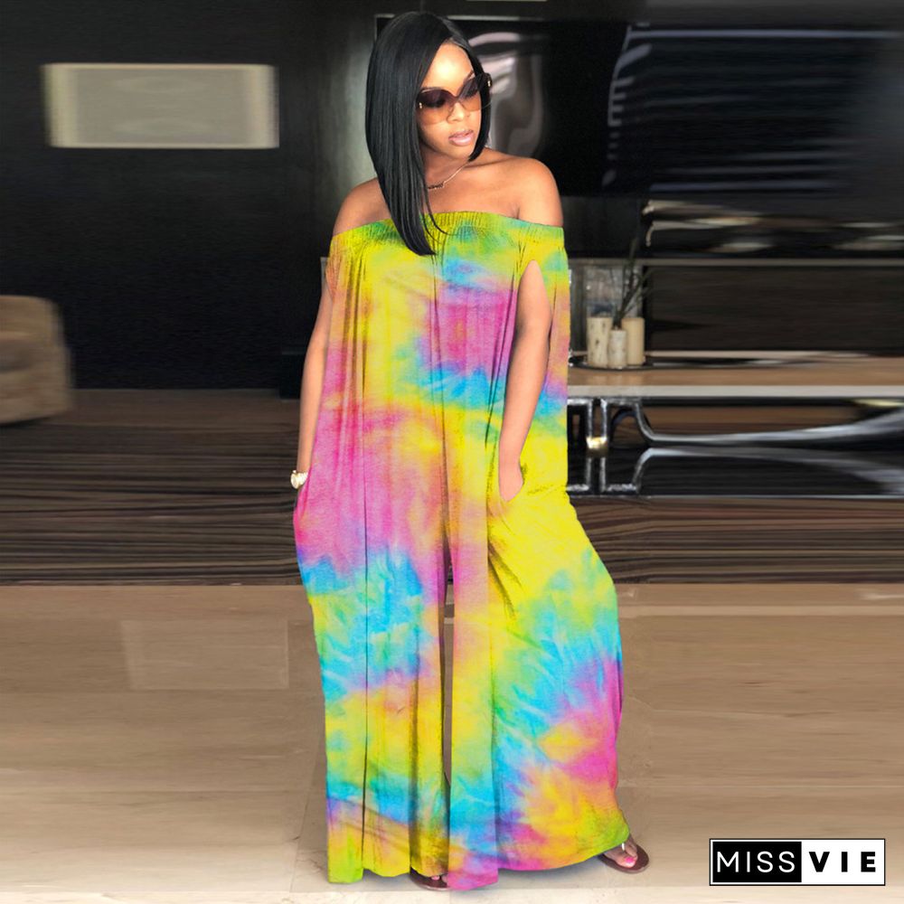 Sexy Tie-dye Printed One-line Shoulder Jumpsuit