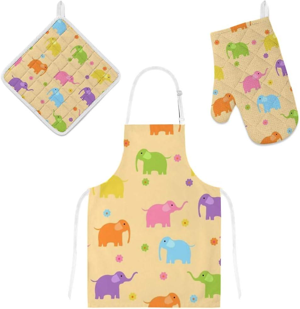 Kitchen Oven Mitts Glove Potholder Apron 3pcs Set Colorful Elephants And Flowers Non Slip Heat Resistant Mitts For Baking Cooking Bbq