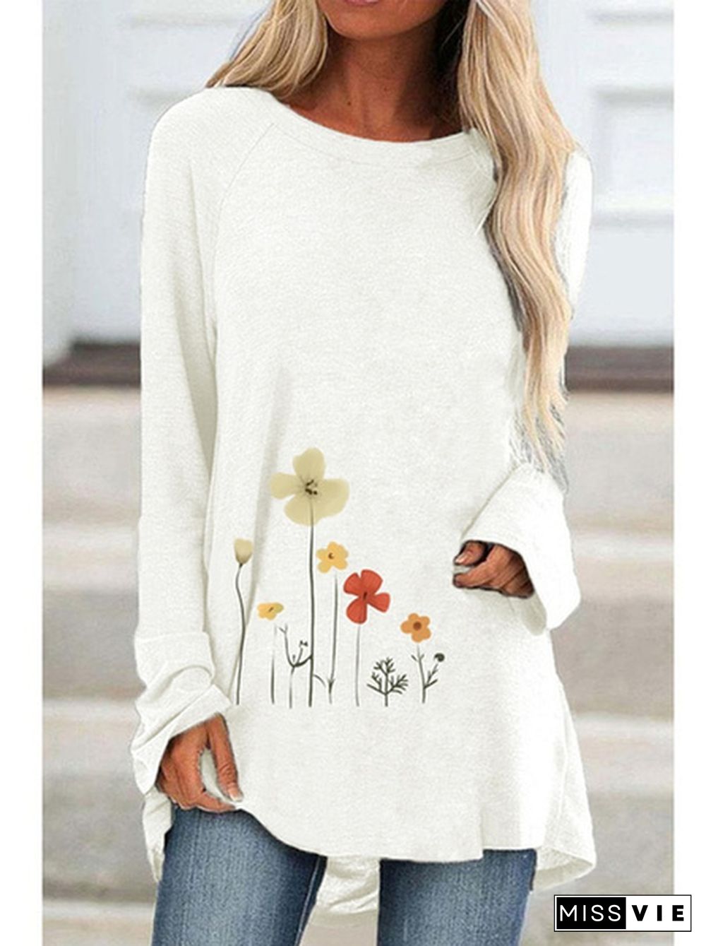 Spring and Autumn Plus Size Fashion Women Clothing Flowers Printed Casual T-shirt Ladies Long Sleeve Round Neck Pullover Tops