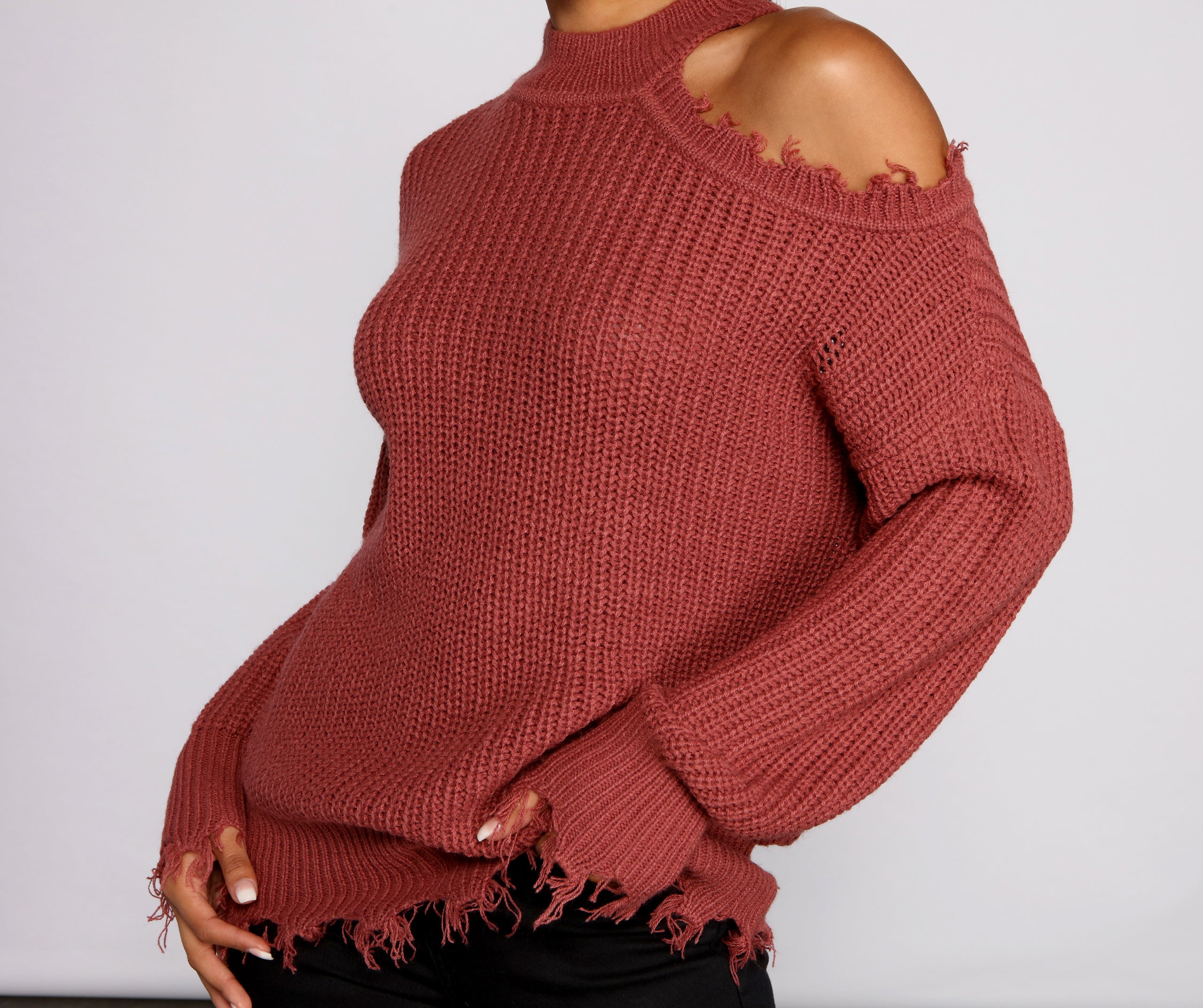 Distressed Cold Shoulder Crew Neck Sweater