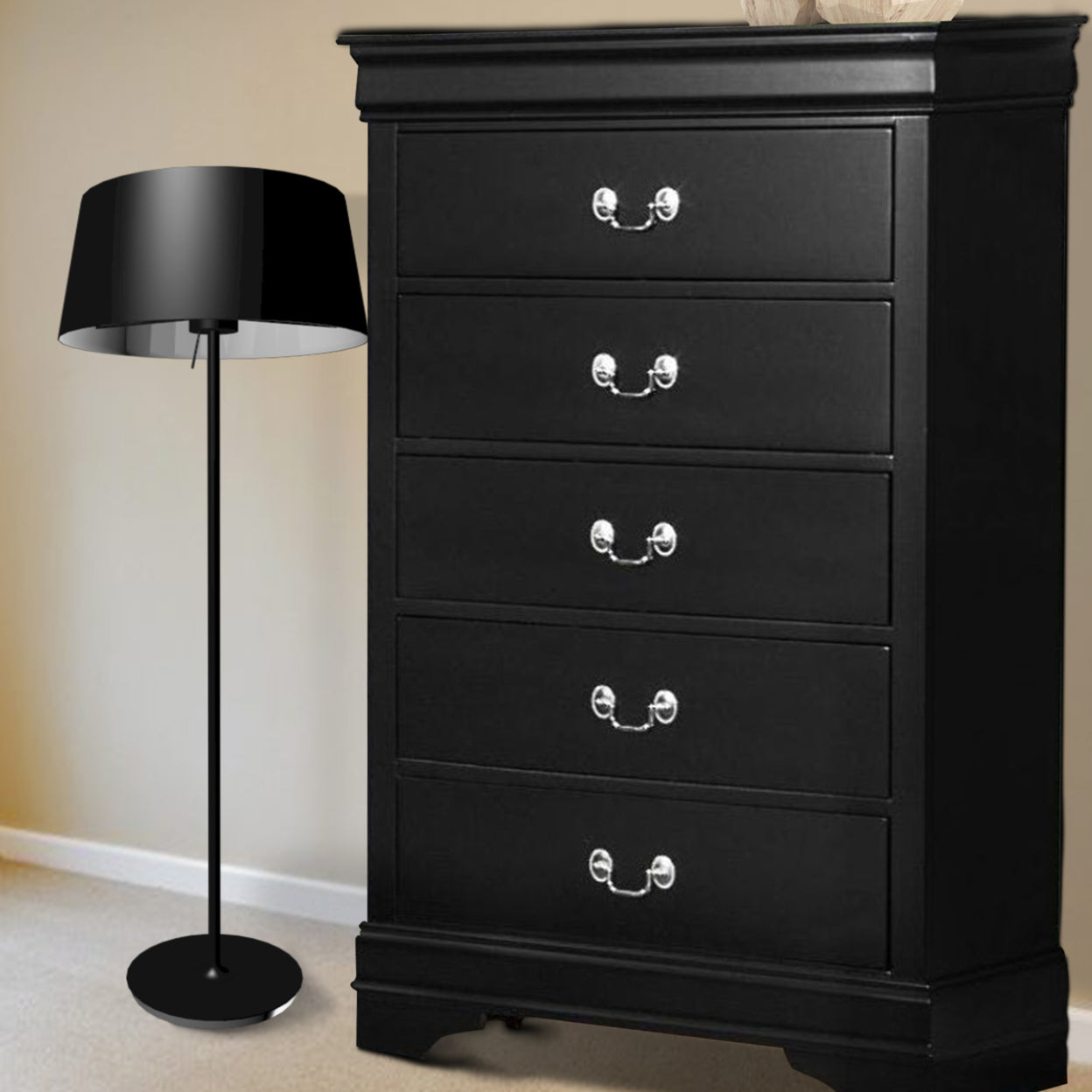 48 Inch Wood Tall Dresser Chest, Metal Drop Handles, Black- Saltoro Sherpi