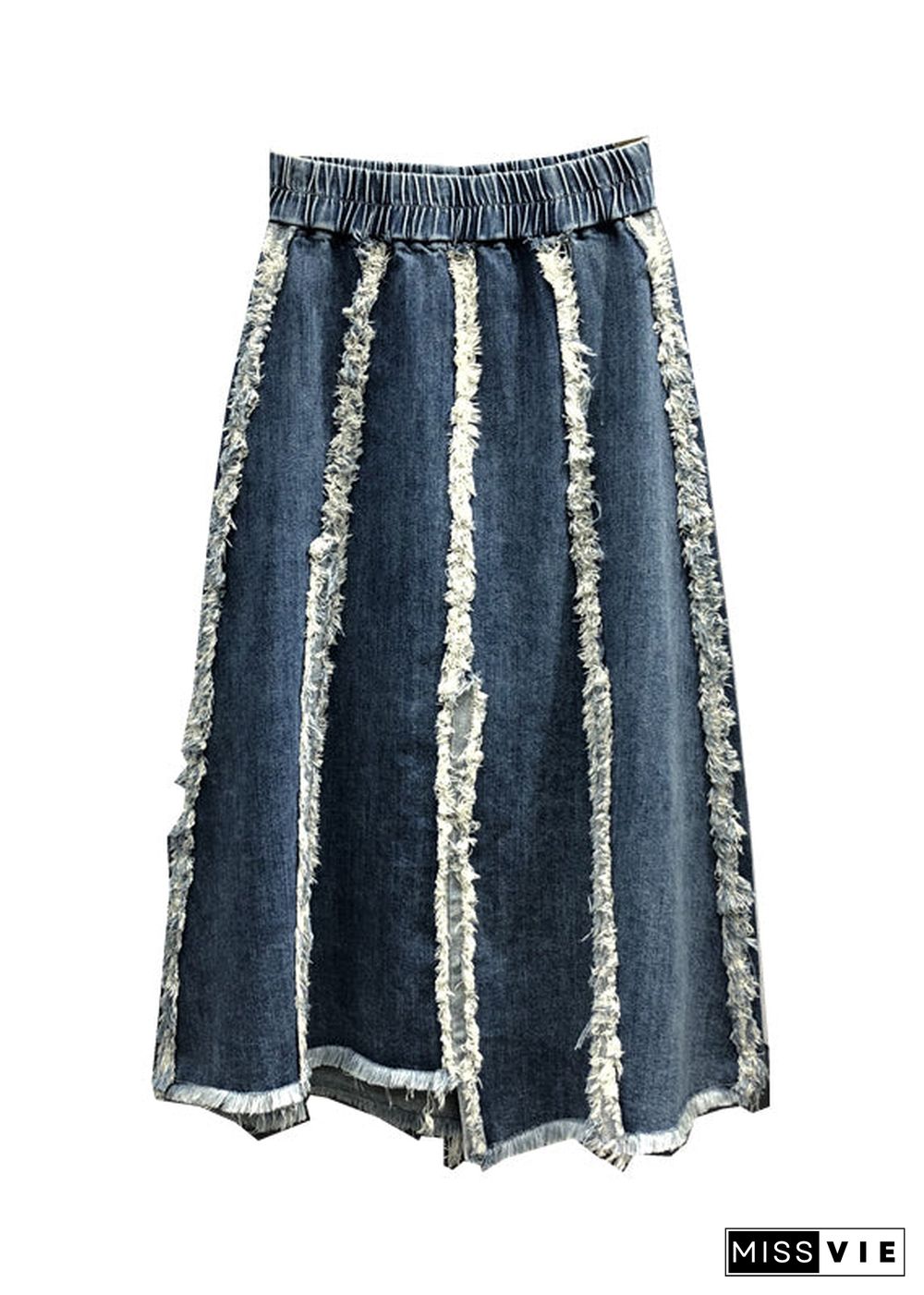 Italian Blue Tasseled Elastic Waist Patchwork Denim Skirts Fall