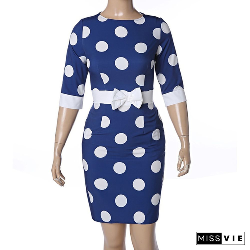 Elegant Women's Fashion Bow Bodycon Shift Pencil Party Dresses Formal Polka Dot Slim Dress