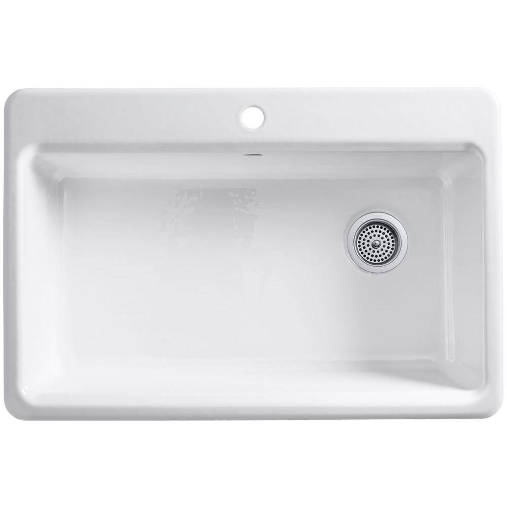 KOHLER Riverby Workstation Drop-In Cast Iron 33 in. 1-Hole Single Basin Kitchen Sink Kit with Accessories in White K-5871-1A2-0