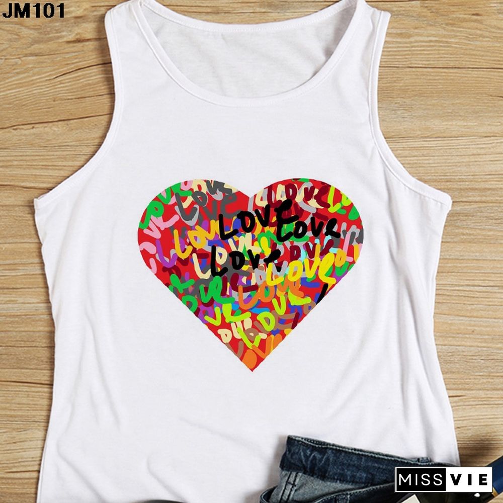 Heart Flower Printed Ladies Camisole Harajuku Casual White Vest Summer Womens Love Graphic Tank Tops Fashion Sleeveless T Shirt